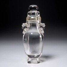 Chinese Rock Crystal Double Foo Dog Handle Clear Bottle Vase w Cover 9.25