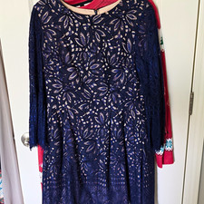 Eliza J Blue Floral Lace Round Neck Long Sleeve Fit & Flare Knee Dress Sz 14