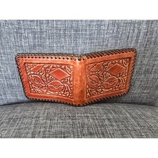 Vintage Hand Tooled Leather Bifold Wallet Western Floral Whipstitch Tan Brown