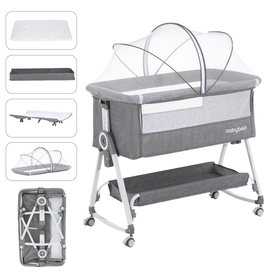 Bedside Crib with Mosquito Net & Storage Basket ，Wheels，Height Adjustable UK - Image 4 of 4