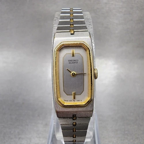 Seiko Tank Watch Women 14mm Silver Dial Two Tone 1320-6029 Rectangle New Battery