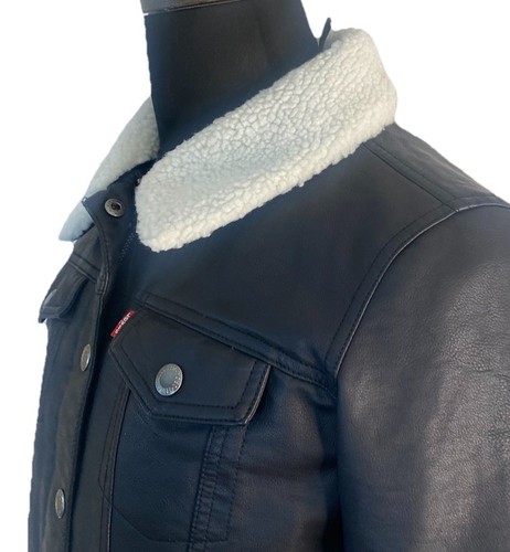 Levis Kunstleder Trucker Jacke Damen Medium schwarz Sherpa gefüttert Full Zip - Bild 6 von 15