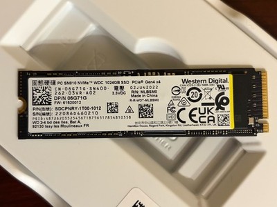 Western Digital PC SN810 1TB NVMe M.2 2280 PCIe Gen4 SSD 100% Health 93 Hrs (210