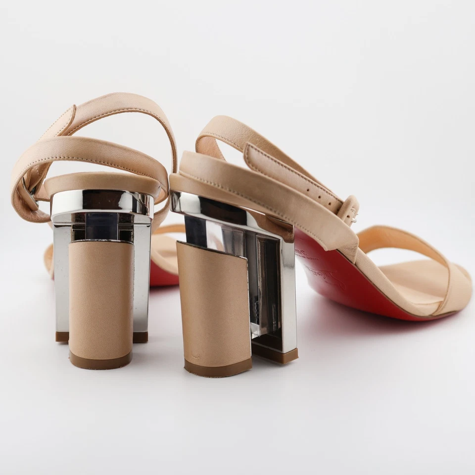 Louboutin Tournikouna 85 Nude Turrón Tostado Beige Sandalias Tacones Napa IT 39.5 US 9 Foto 4 de 4