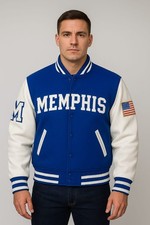 Men Memphis Royal Blue Letterman Varsity Jacket with White Leather Sleeves