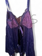 Victoria's Secret Purple Babydoll Pleated Sheer Lace Nighty Lingerie Bow Sz.S/P