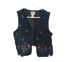Vintage 90's Tantrums Black Velvet Vest Embroidered Red Roses Bohemian Goth M