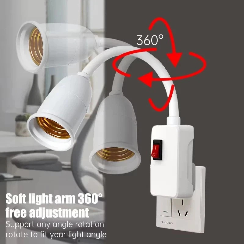 E27/E26 Plug-In Light Socket Adapter – Flexible Gooseneck Extension With On/Off Switch, Rust-Resistant, For Nightstand, Bedside, Wall Bases