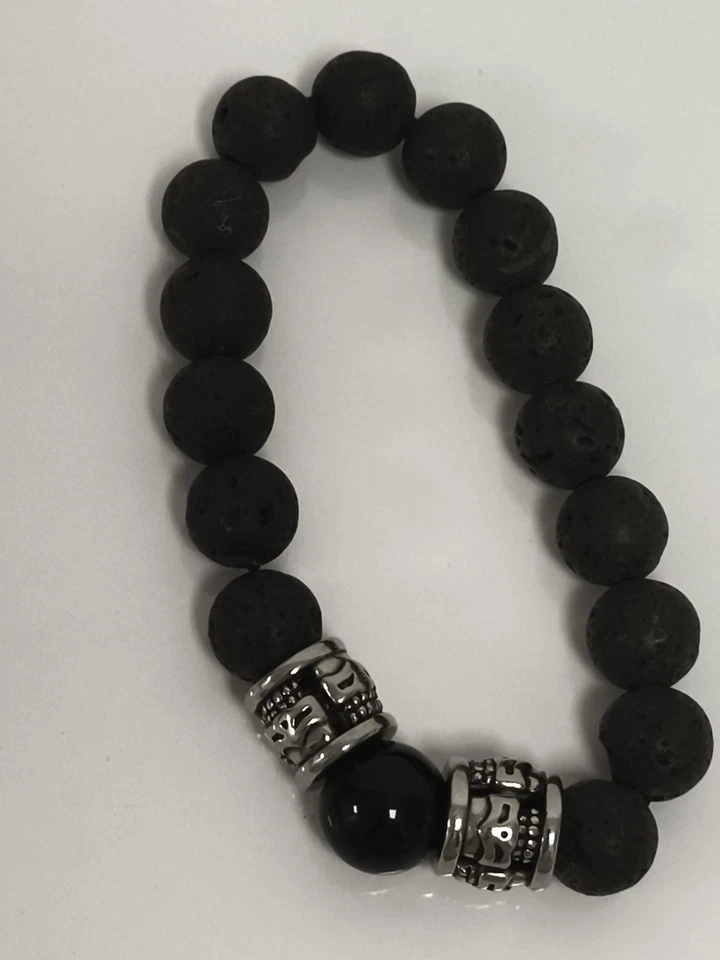 Bracelet perles pierre de lave noire, style ethnique, acier argenté ancien - Photo 1/1