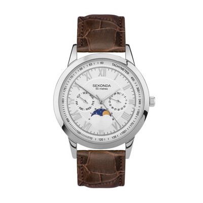 Sekonda Armstrong Mondphase 40mm Uhr mit braunem Lederarmband und silbernem Gehäuse