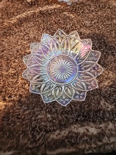 Vintage Federal Glass Clear Iridescent Carnival Flower Petal Bowl & Plate Server