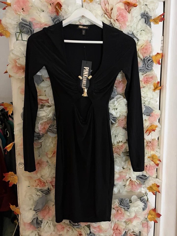 Pink Vanilla Gold Trim Slinky Cut Out Dress Size m New With Tags - Imagen 2 de 4