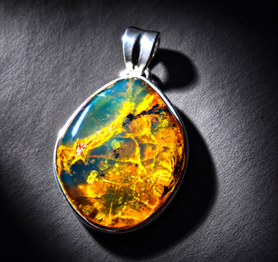Charming Design Natural Orange Blue Amber .925 Sterling Silver Pendant 38mm