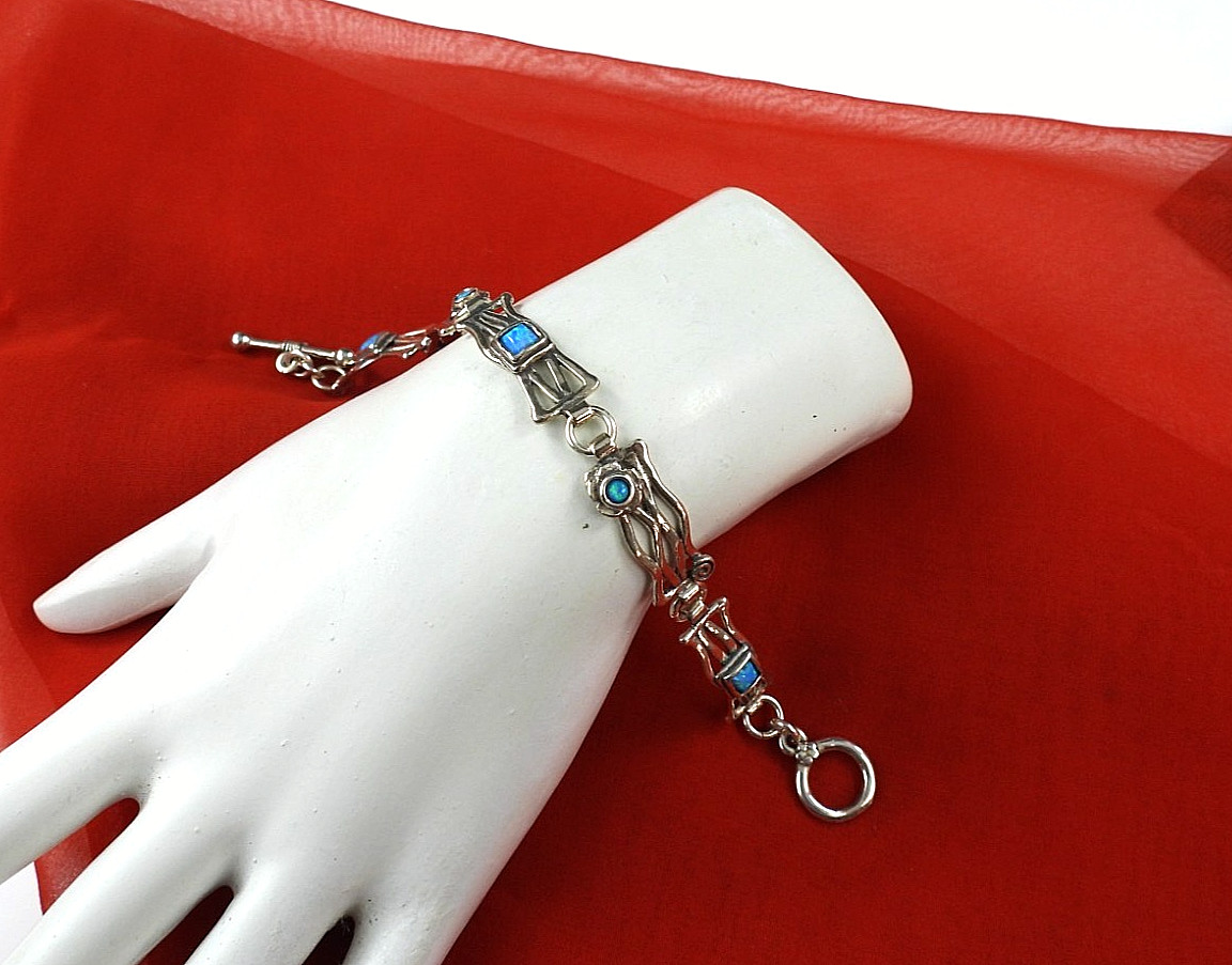 Vintage Solid Sterling Silver 925 Opal Bracelet C… - image 7