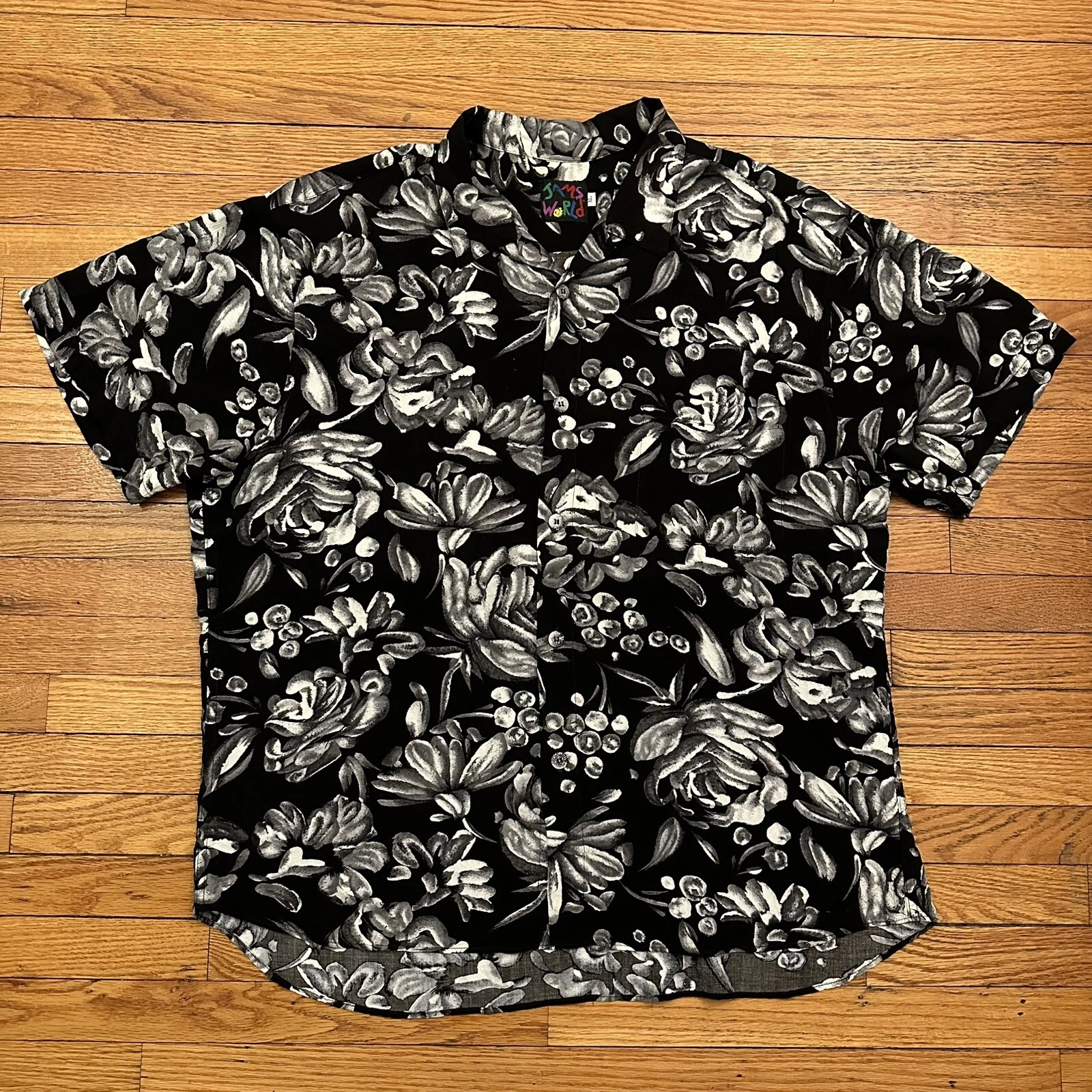 Vintage Jams World Black White Floral Rayon Hawaiian Shirt Size XL Men