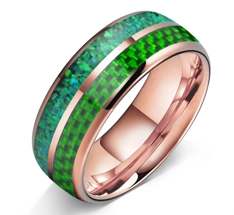 Anillo de carburo de tungsteno de 6/8 mm doble ranura verde ópalo fibra verde 6/8 mm Foto 2 de 4