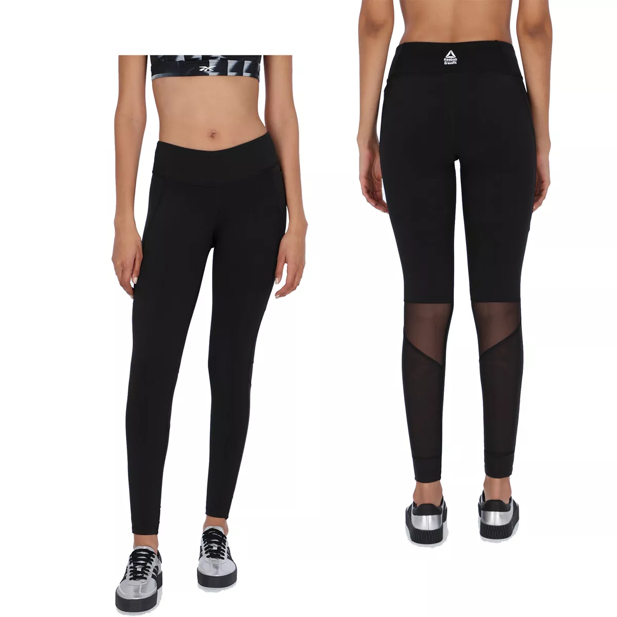 Women Reebok Mesh Leggings Black Athletic Full Length Leggings with Pockets  NEW