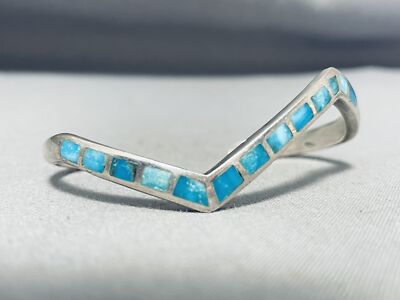 アクセサリー Vintage Navajo Turquoise Silver Bracelet IMPRESSIVE VINTAGE NAVAJO INLAY TURQUOISE STERLING SILVER ANGLED