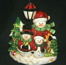 CERAMIC SNOWMAN FAMILY MUSIC LED LIGHTS CHRISTMAS TREES LAMP BATTERY OPERATED