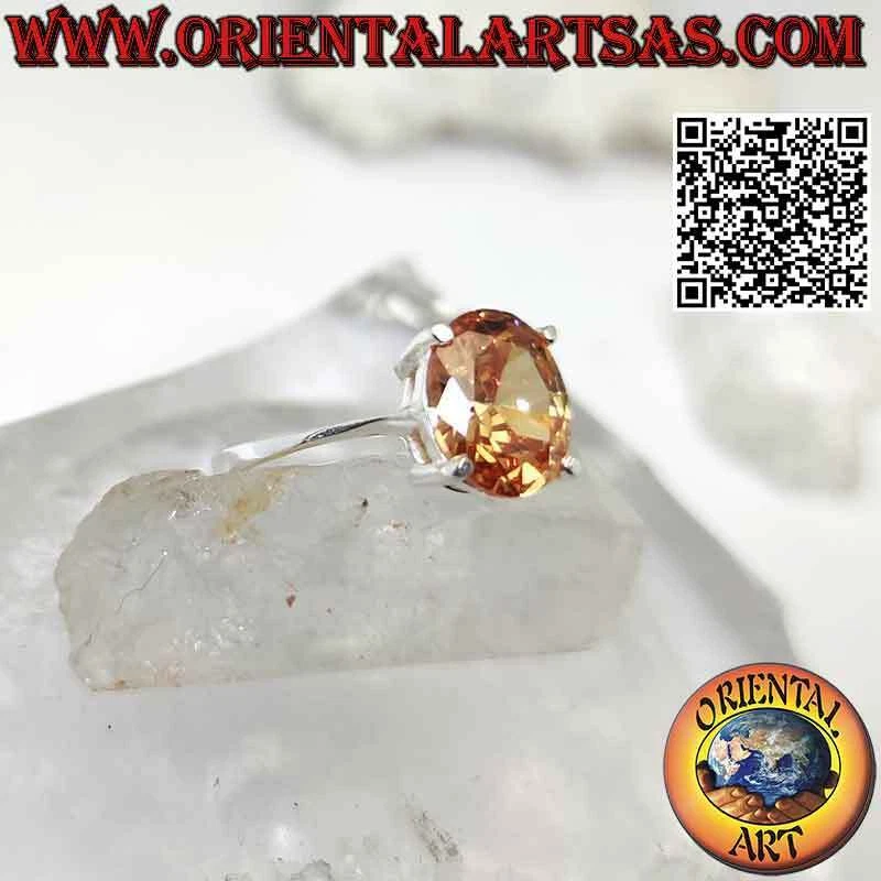 Anello in argento 925 ‰ zircone champagne sfaccettato ovale incastonato semlice - Immagine 2 di 4