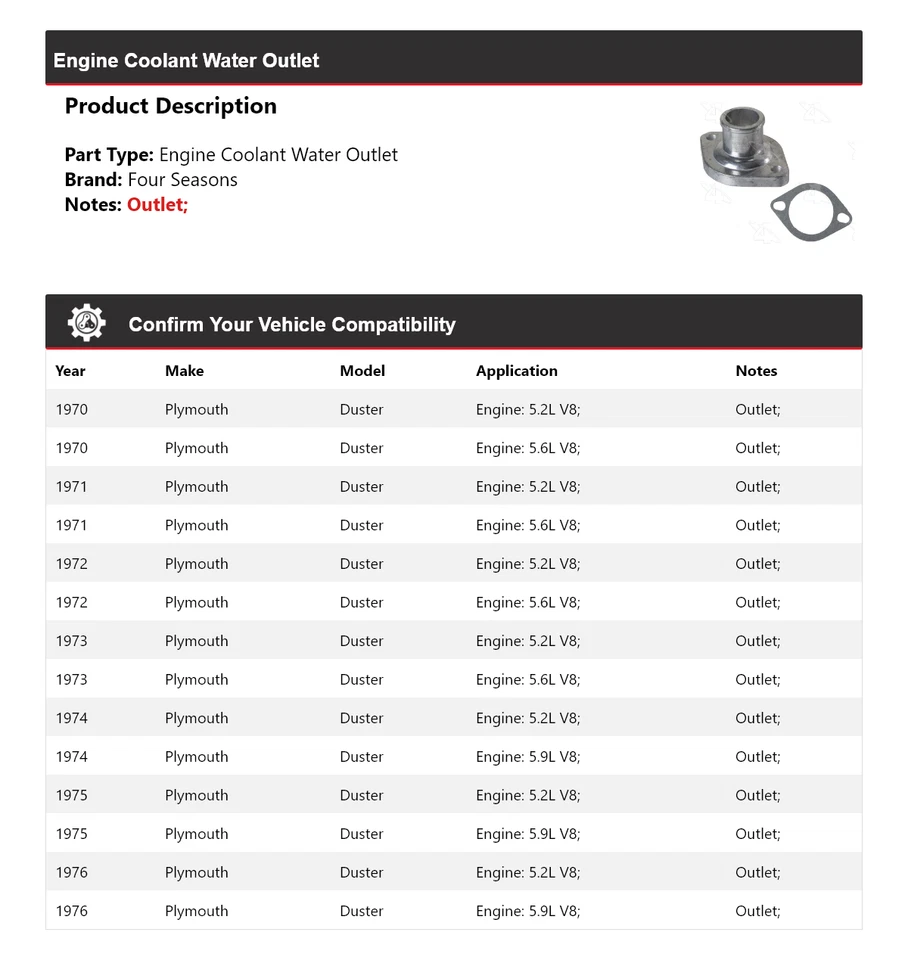 Salida de agua refrigerante motor Plymouth Duster 1970-1976 4 estaciones 1971 1972 Foto 2 de 4