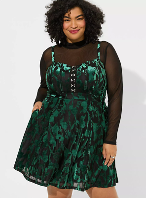 Torrid Dark Holiday Mini Burnout Velvet Corset Dress Green Floral Sz 3 3X  22-24