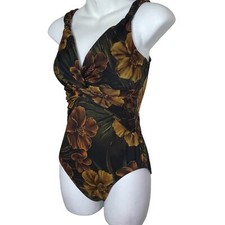 Miraclesuit Pandora Brown Floral One Piece Swimsuit Vintage Retro Size 8