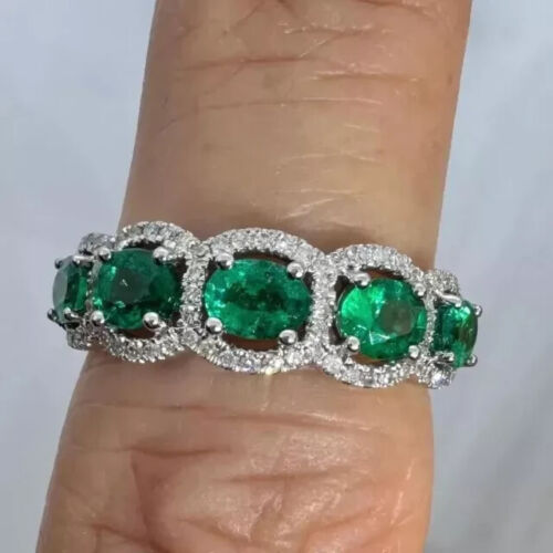 2.10Ct Oval Cut Natural Emerald Art Deco Anniversary Band 14K White Gold Plated