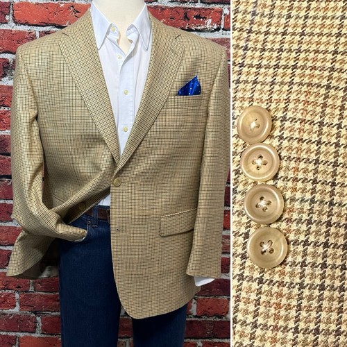 LAUREN RALPH LAUREN MENS BLAZER SIZE 46 HOUNDSTOOTH CHECK LINEN SILK WOOL JACKET