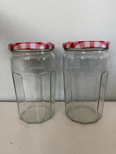2 Empty Bonne Maman 36 oz Glass Jar Jam Jelly Red White 6.5” x 3.75” Screw Lids