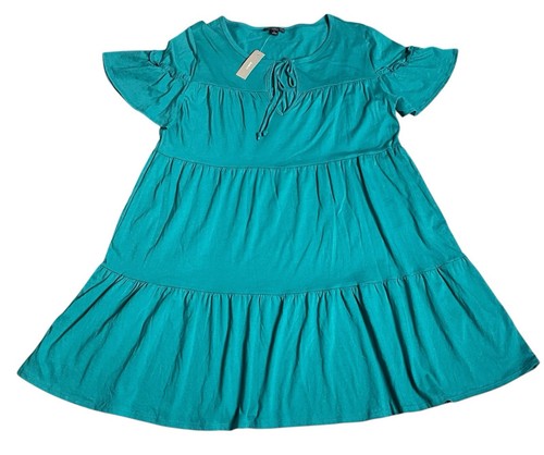 J. Crew Tiered Ruffle Green Shift Dress Size Large Short Puff Sleeves Pockets - Picture 1 of 8