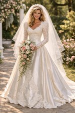 Vintage 80s Lace Wedding Dress Cathedral Train Rose Applique Romantic Gown