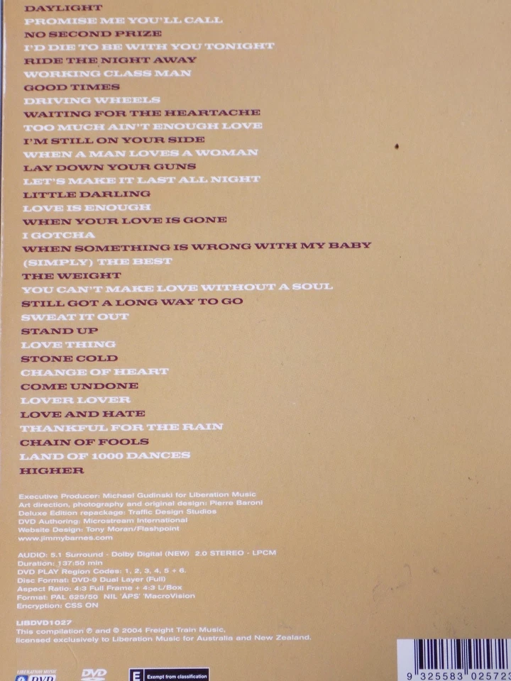 JIMMY BARNES - Hits - Deluxe Edition 35 Film Clips DVD Exc Cond! 5.1 Surround - Image 2 of 2