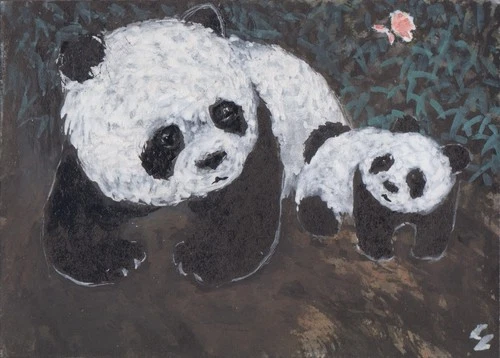 LinLi888 ACEO Original Art Watercolor Sumi-e Painting Pandas Butterfly 26081801