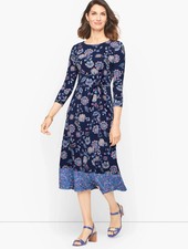 NEW Talbots Blue multi media Floral 3/4 Slv twist waist Midi Dress womens size 4
