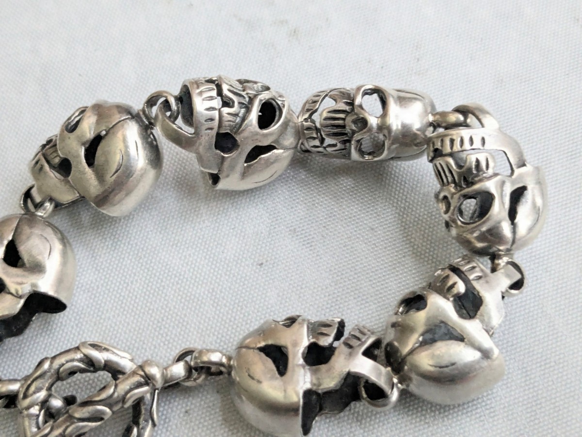 Vintage Sterling Silver Skull Bracelet 7.5