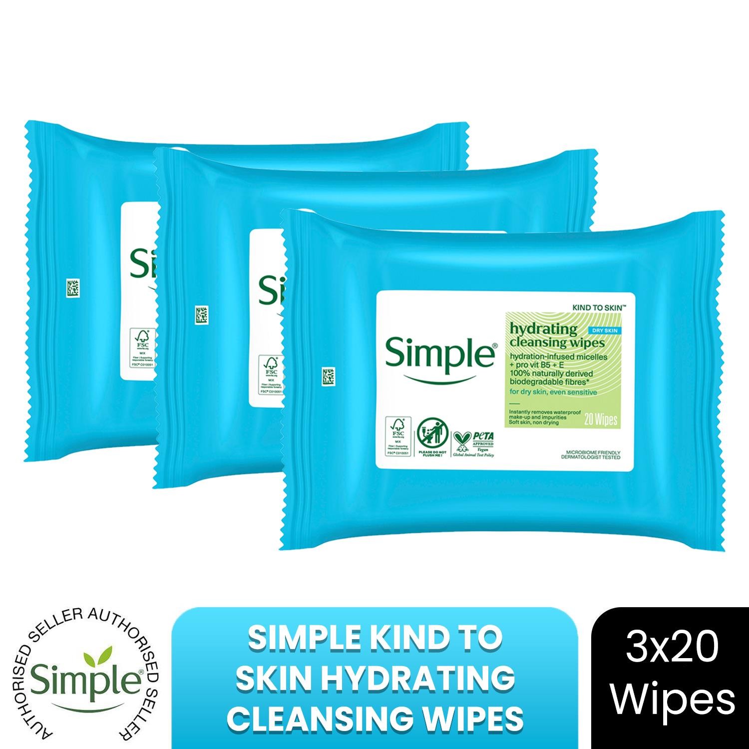 Simple Kind to Skin Hydrating Cleansing Wipes 3x 20 wipes, Makeup Remover - Image 3
