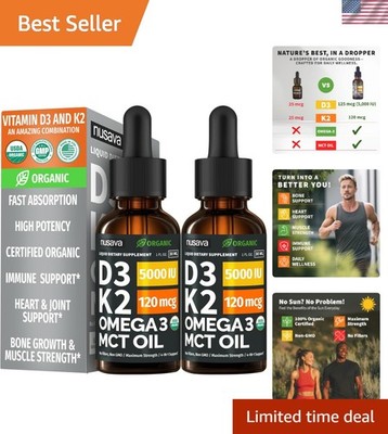 Organic Vitamin D3 K2 Drops with MCT Oil - 2 Fl Oz Liquid Vitamin Supplement