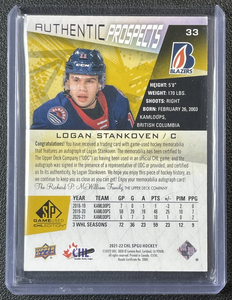 LOGAN STANKOVEN 2021-22 SP GAME USED CHL #33 MEMORABILIA PATCH AUTO GOLD 27/49 - Image 2 of 2