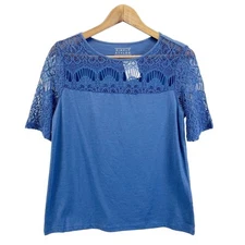 NEW Simply Styled Womens S Crochet Lace Yoke Top Short Sleeves Blue