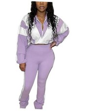 Women 2 Piece Outfit Long Sleeve Zip Up Crop Jacket High Waist Medium Purple