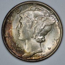 1944 Mercury 10C Silver Dime UNC Chocolate Crescent Toning