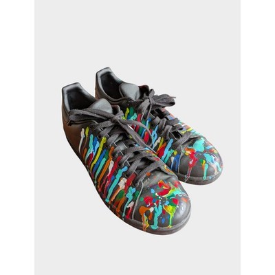Adidas Stan Smith Men s 8 Black Leather Sneakers Custom Paint Splatter Art Shoes