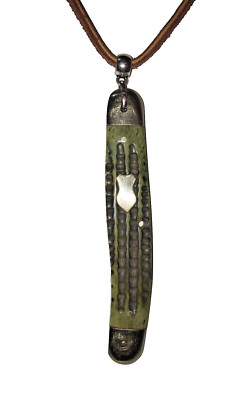 Handcrafted UTICA Big Pine Series Green Jigged Bone HANDLE Cowhide  Necklace