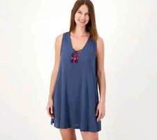 New Jantzen Sleeveless Lace Up Woven Cover-Up Dress Marine Size L A602928