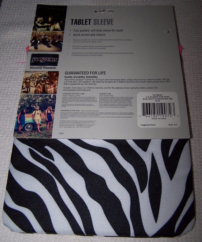 JANSPORT 1.0 Padded Tablet Sleeve Pouch Case Cover ZEBRA BLK/WHITE/PINK ~ NWT - Image 2 of 2