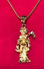 14 KT GOLD PLATED HOLY DEATH GRIM REAPER  2 1/4 "CHARM WITH 18" ROPE CHAIN-A82