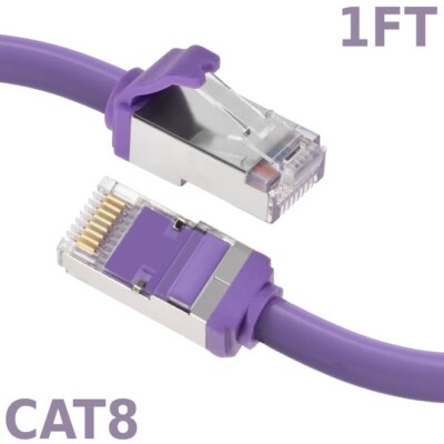 1FT Ethernet LAN Network Cat8 RJ45 S/FTP Cable Shielded Cord 28AWG 2GHz Purple