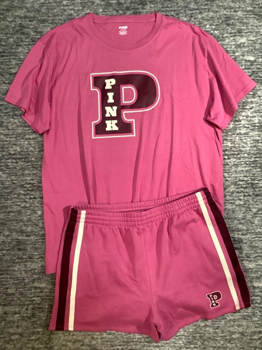 Victoria's Secret Pink Campus Tee Shirt + Ivy Fleece Shorts Set