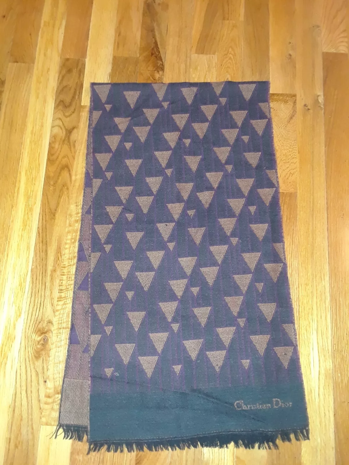 Foulard hiver vintage Christian Dior gris marron géométrique laine frangée 57